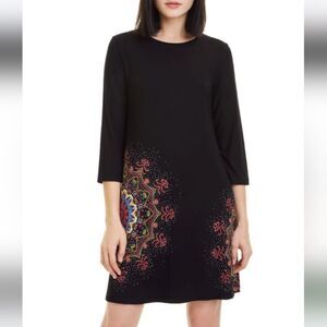 NWT Desigual Mara Embroidered Mandala 3/4 Sleeve A-Line Black Mini Dress